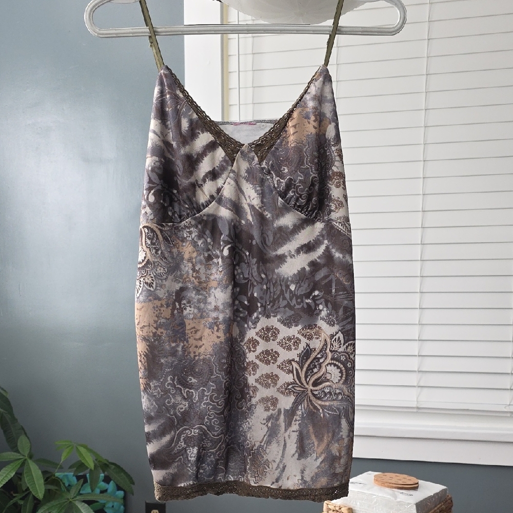Patterned Slip Dress with Lace Trim
